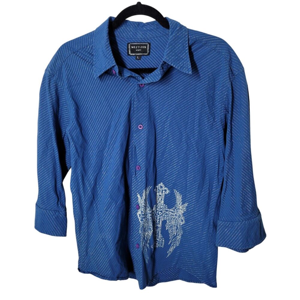 Meztizos Mens Sz L Blue Striped 3/4 Sleeve Button Down Shirt